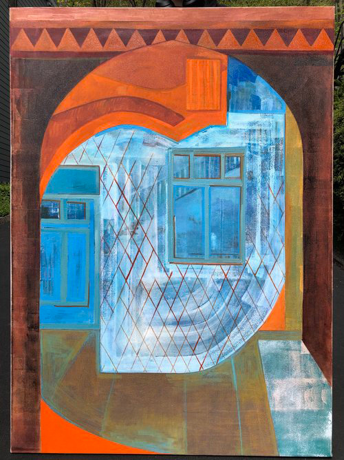A painting by Farangiz Yusupova featuring an abstracted interior scene.