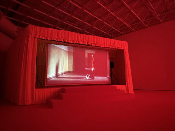 A red theater room with a video projection