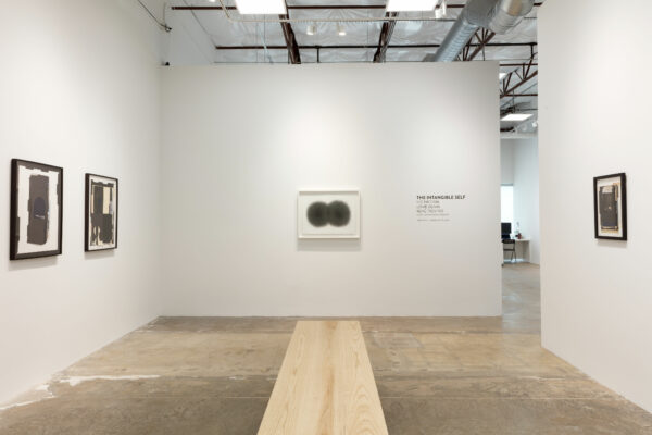 Installation view of an exhibition with two dimensional work on a white all