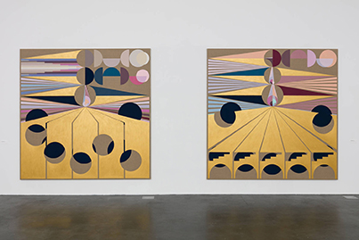 An installation image of two large scale paintings by Eamon Ore-Giron.
