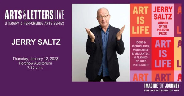 A promotional photograph of Jerry Saltz next to a designed graphic featuring the title of his book "Art is Life."