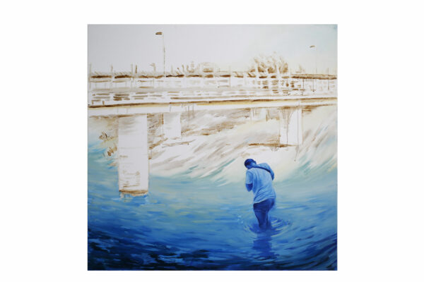Painting of a person walking into a blue river