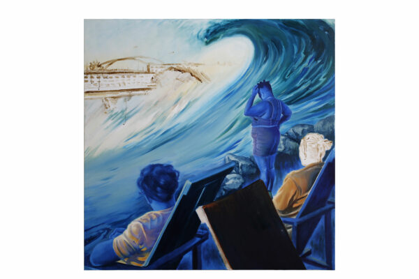 Painting of people sitting in lawn chairs by a large blue wave