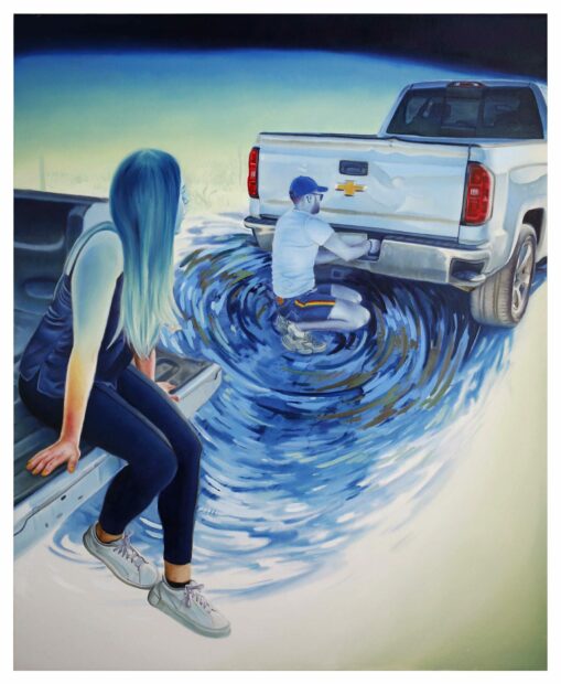 Painting of a woman sitting on a truck bed and a man in a blue swirl