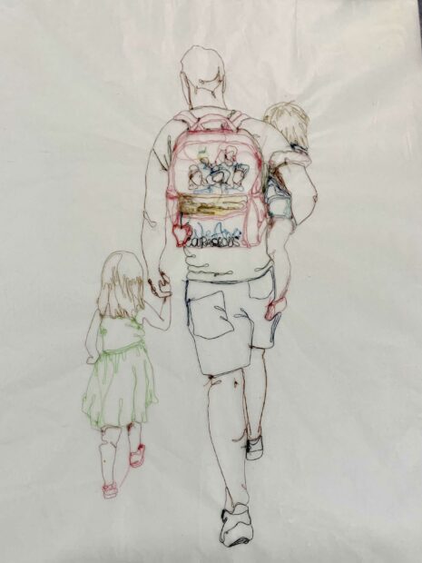 Work on paper of a parent carrying one child and holding the hand of the other