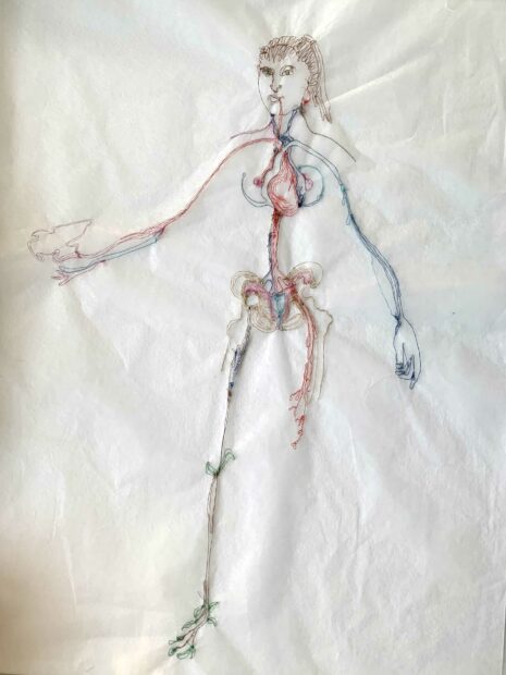 Drawing with lithography and thread of a skeletal body