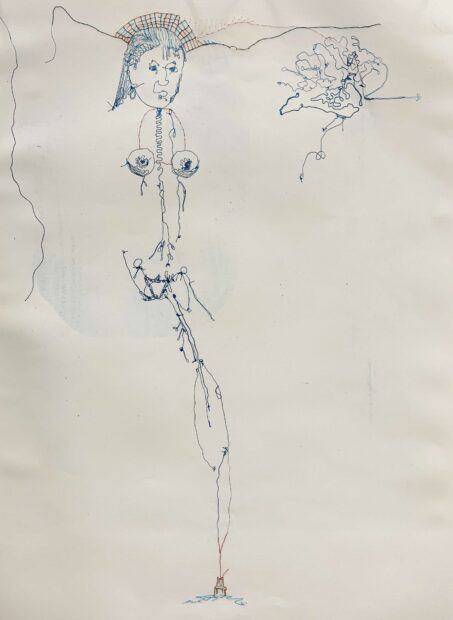 Lithograph of a body with thread sewn into the paper