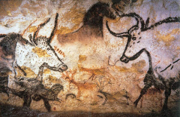 A painting of two bulls, executed in black on the wall of a cave.