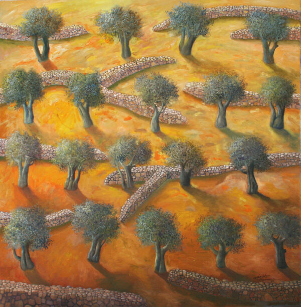 Painting of olive trees in a field