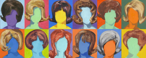 A painting featuring twelve silhouettes, each of which are wearing various bouffant hairstyles. The silhouettes are faceless and are single, bright colors. 