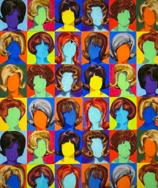 A painting featuring a grid of silhouettes, each of which are wearing various bouffant hairstyles. The silhouettes are faceless and are single, bright colors. 