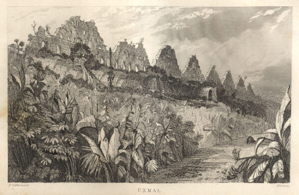 Etching of ruins in the Yucatan