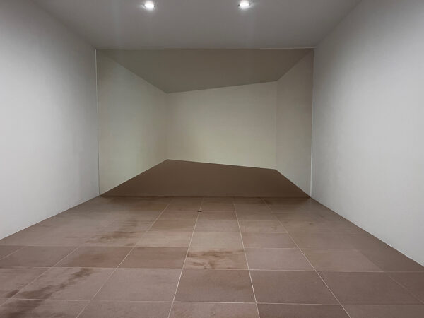 A photograph of a video piece by Ricci Albenda. The video appears to lengthen and distort the gallery space.