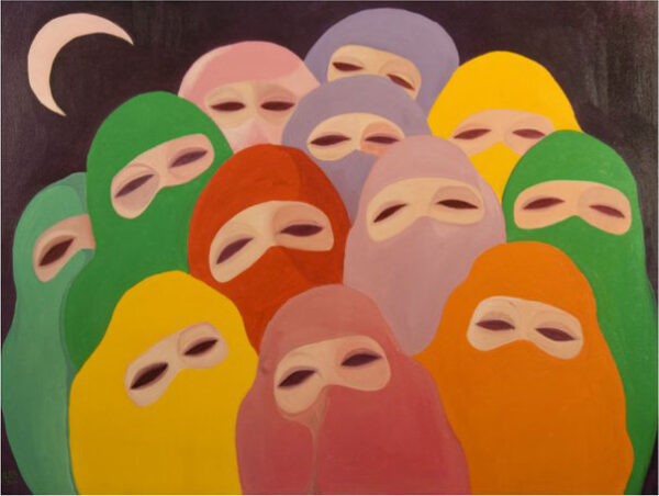Abstract painting of women wearing niiqabs