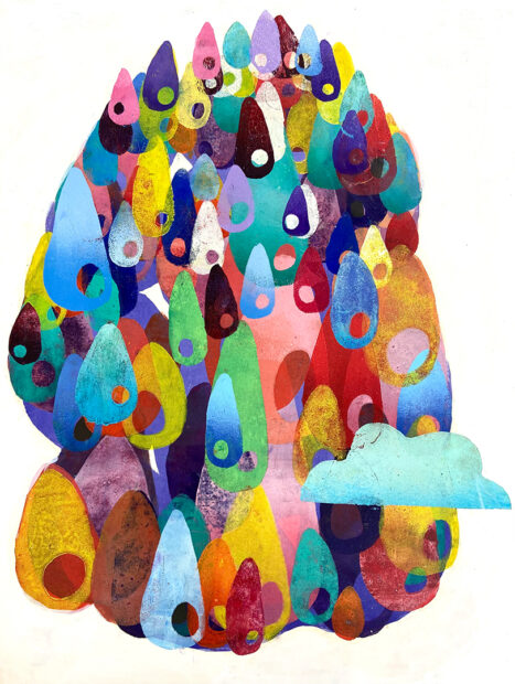 A print by Maria Frati featuring an array of raindrop shapes each with a hole at the bottom of the shape.
