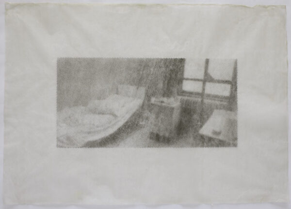 Drawing of a bed in a hospital room