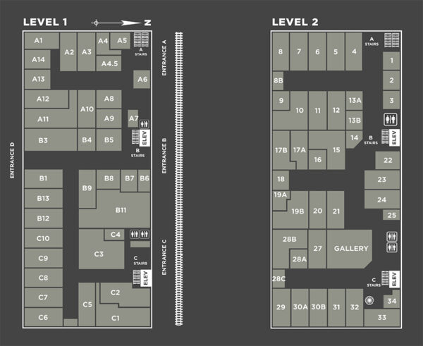 A floor plan of the first and second floors of the Winter Street Studios in Houston.