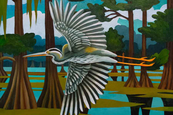 A painting by Billy Hassell of a blue heron in mid-air with Caddo Lake State Park in the background.