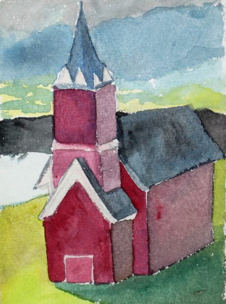 Drawing of a red church in Maine
