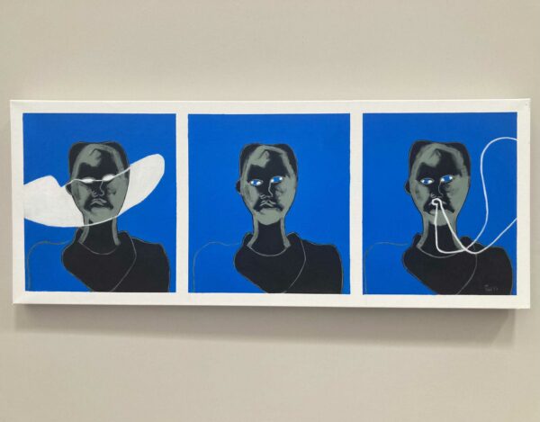Triptych of three abstracted portraits against a blue backdrop