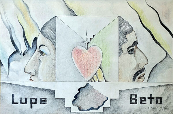 Profile portrait of two individuals named Lupe and Beto with a red heart in the center