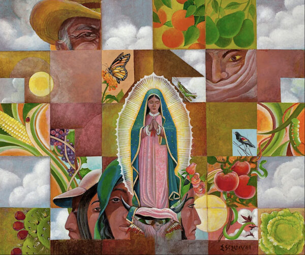 Painting of the Virgin of Guadalupe against squares of nature, portraits, and vegetation