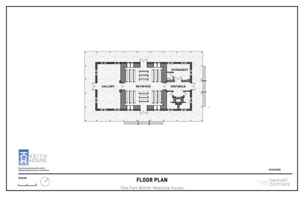 A floor plan drawing of the interior of Keith House including a gallery space, the James Turrell Skyspace, and storage areas.