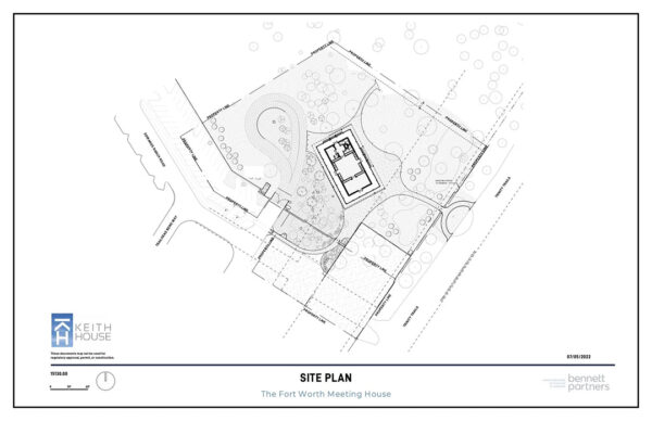 A bird's eye view drawing of the Keith House building footprint and the two-acre property.