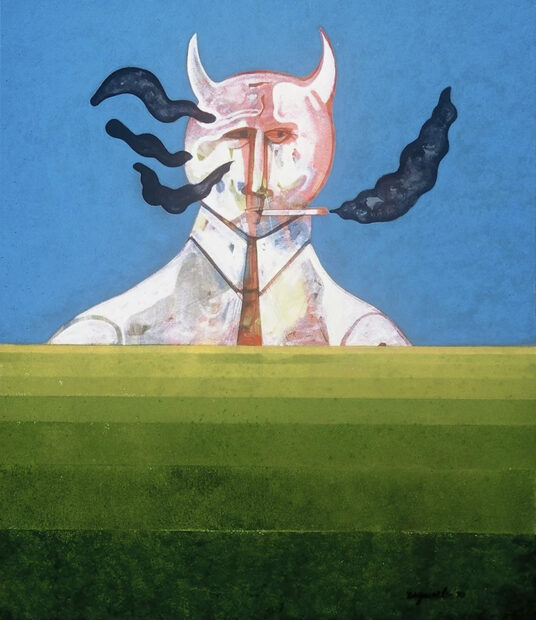 Painting of a demon puffing at a cigarette