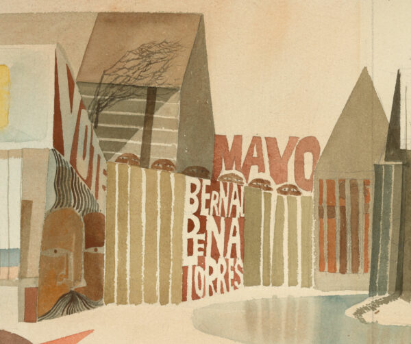 Monochromatic painting of homes, fences, and words on signs