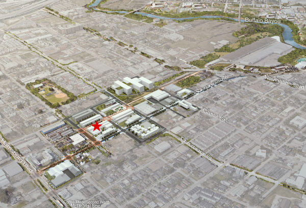An aerial map of Houston's Second Ward with a red star indicating the new location for Aurora Picture Show.