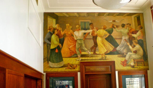 A mural depicting a cowboy dance