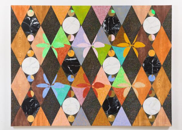 An abstract work by Emily Joyce featuring diamond shapes with woodgrain patterns. 