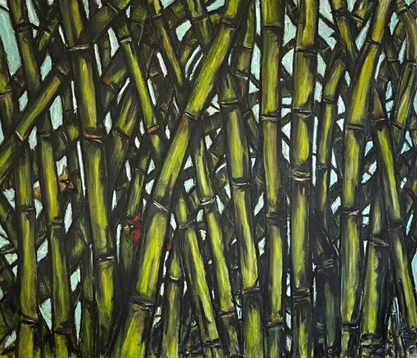 A painting of green bamboo rods.