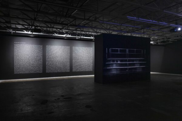 Installation view of a video projection in a dark room