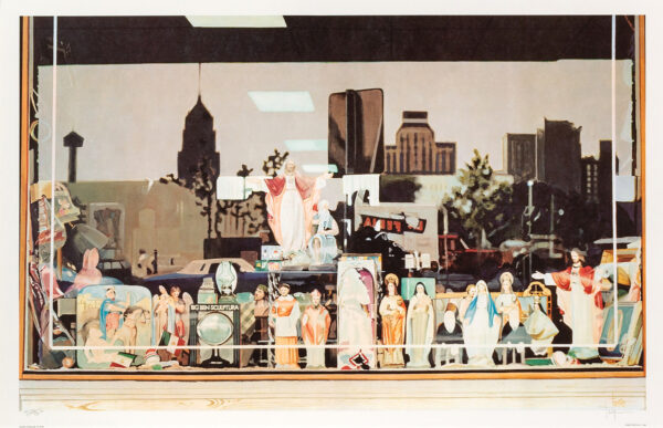 A print by Jesse Treviño of a shop window display filled with small saint figures.