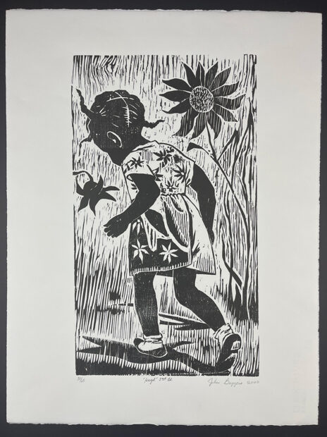 A woodcut print by John Biggers featuring a young Black girl wearing a flower patterned dress and walking past large flowers.