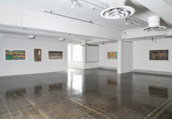 An installation image of works by Lordy Rodriguez in a white walled gallery space.