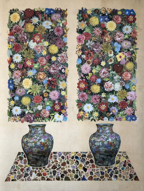 A work by Matthew Craven featuring two large pots with floral designs sitting on a mosaic patch of ground. Above each pot is a vertical rectangle filled with various flowers.