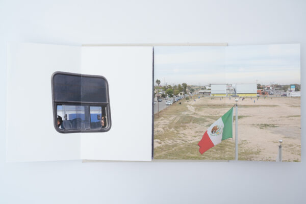 Diptych of a bus window and a field with a mexican flag