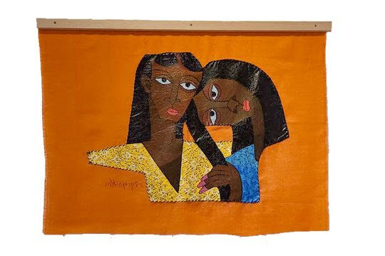A work by Nii Narku Thompson featuring two stylized Black female figures on an orange background.
