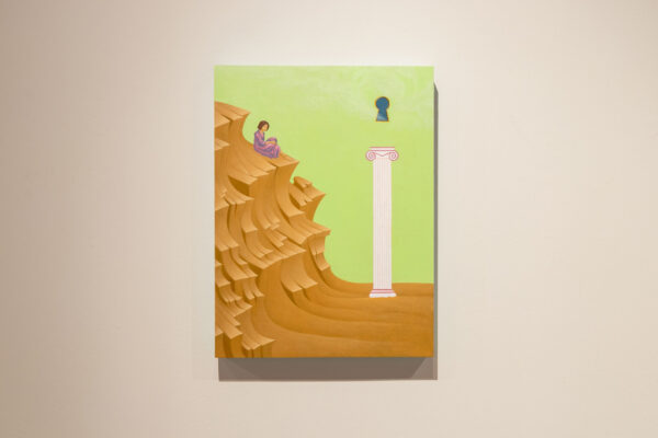 Painting of a person on a cliff and a key hole above a column