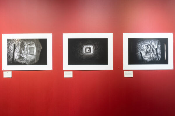 Installation view of black and white works on paper installed on a red wall