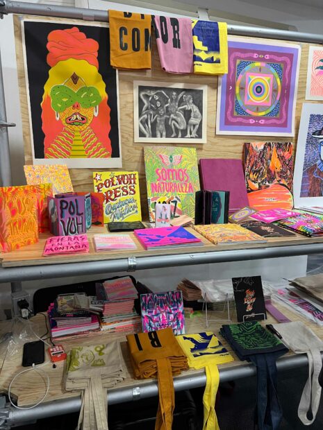 A collection of brightly colored zines and prints sit on shelves and a table top.
