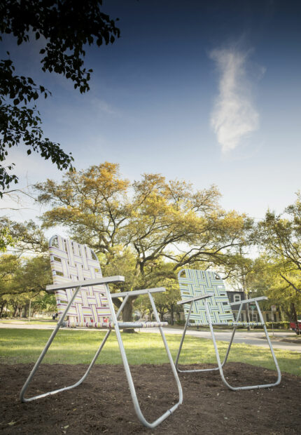 Public sculpture of giant lawn chairs