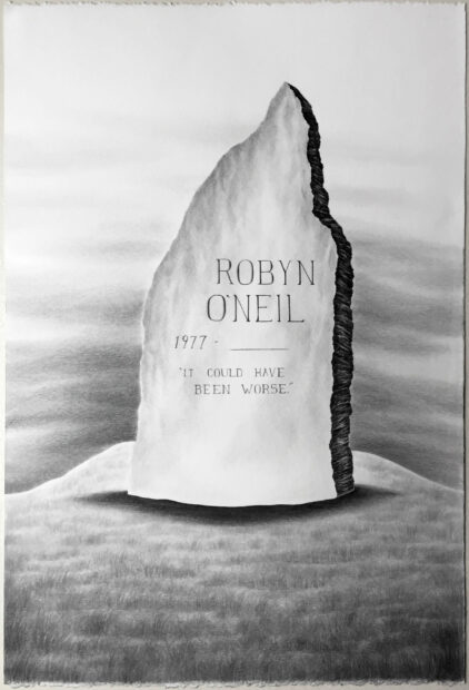 A graphite drawing of a jagged tombstone. The text on the headstone reads the artist's name. 