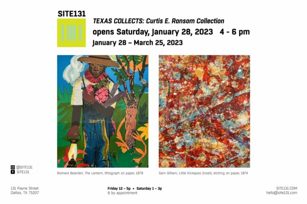 A designed graphic promoting Texas Collects: Curtis E. Ransom Collection in Dallas.