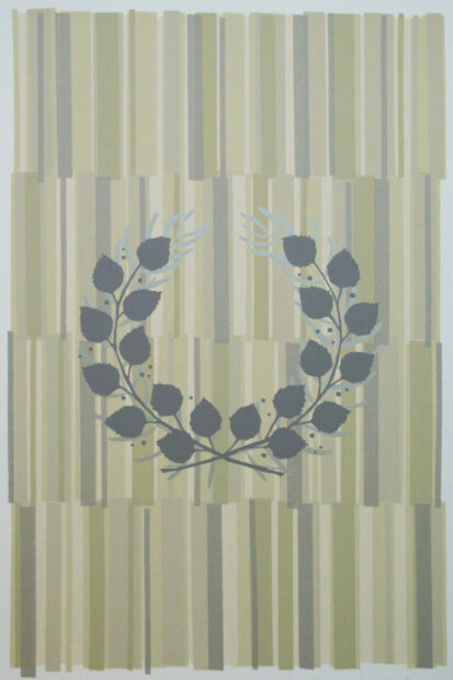 An artwork featuring vertical lines of olive green and gray. In the center of the image is a wreath made of gray leaves.
