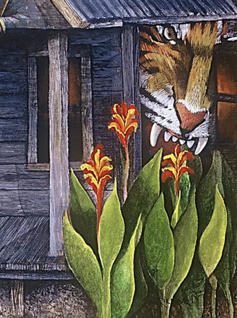 Detail of a painting of a tiger and flowers on a house