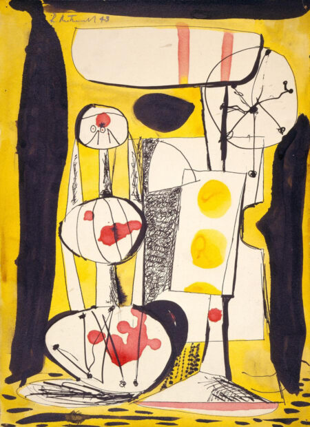 Abstract work on paper with a yellow backdrop